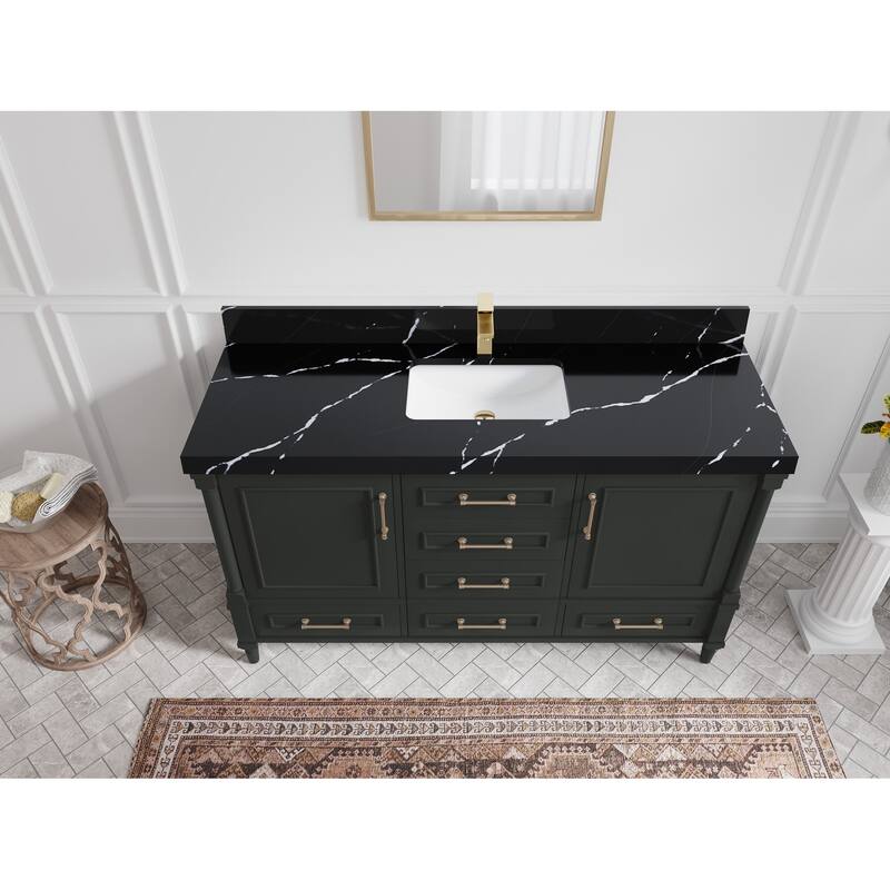 Willow Collections 60 in. W x 22 in. D Aberdeen Single Bowl Sink Bathroom Vanity with Countertop - 2" Calacatta Black - Black Top