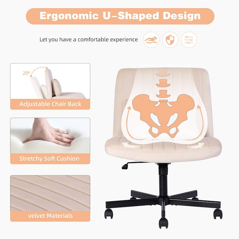 Velvet Criss Cross Armless Office Chair with Wheels - Versatile for Home Office, Meditation & Makeup