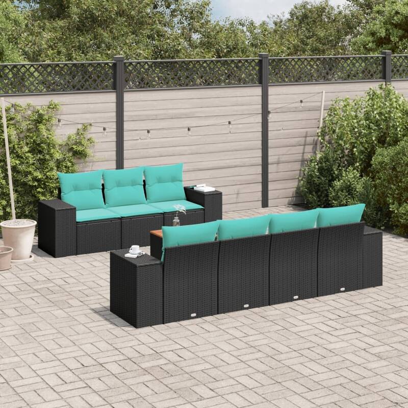 vidaXL Patio Sofa Set with Cushions Outdoor Furniture 8 Piece Poly Rattan - 21.7x 24.4x 27.2 - Black and Blue