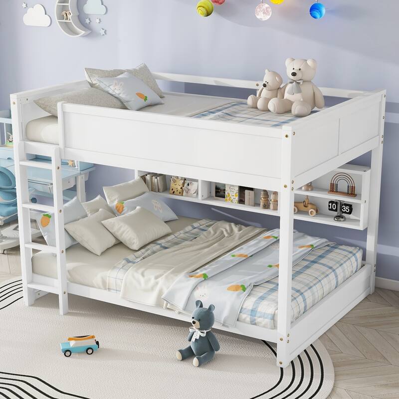 Queen Over Queen Bunk Bed with Built-in Storage Cabinets and Charging Station