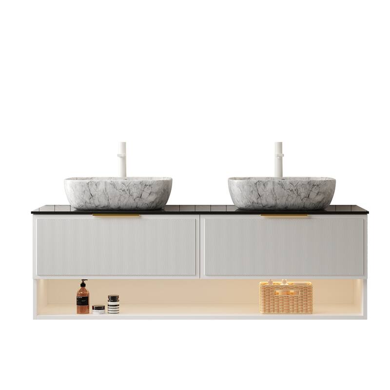 GDFStudio - Malone Modern Floating Bathroom Vanity with Pinstripe Drawers, Open Shelf & Marble Ceramic Basin, WITHOUT Faucet