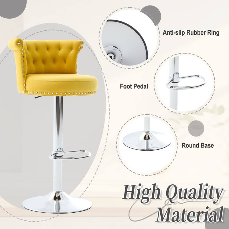 360° Swivel Bar Stools Set of 2 Adjustable Velvet Accent Chairs with Footrest Base, Button Tufted and Barrel Curved Backrest
