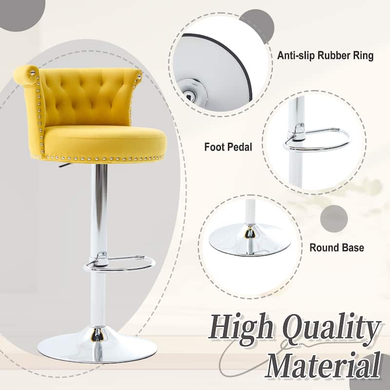 Velvet Bar Stool Set of 2, Adjustable Swivel Bar Stools with Silver Plated Metal Leg, Chrome Nailhead, Counter Height Chair