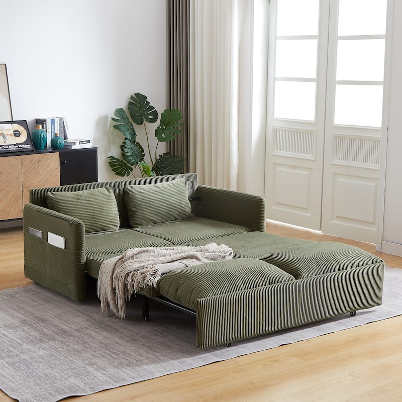 Corduroy Convertible Sleeper Sofa Bed, 3-in-1 Adjustable Sleeper Sofa Couch, Lounge Loveseat Sofa with 2 Pillows & Side Pockets - Green