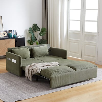 Corduroy Convertible Sleeper Sofa Bed, 3-in-1 Adjustable Sleeper Sofa Couch, Lounge Loveseat Sofa with 2 Pillows & Side Pockets