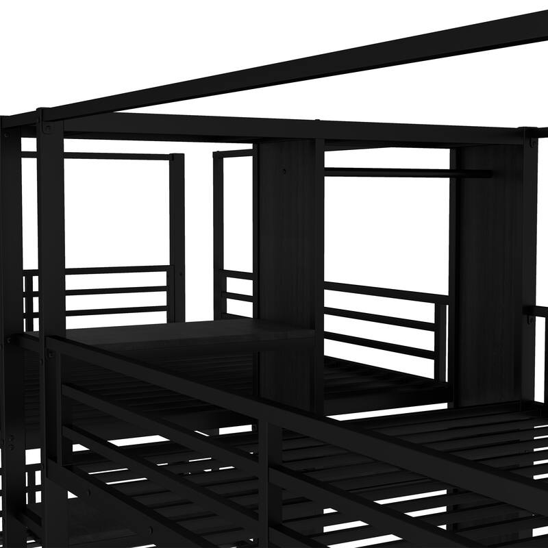 Roomfitters Twin/Full/Queen Quadruple Metal Bunk Bed with Built-in Storage Shelves & Wardrobe, Sturdy Noise-Reduced Frame, Black