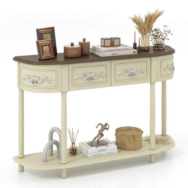 Gymax 52'' Long Sofa Table Retro Curved Console Table w/ Open Shelf - Beige - MDF