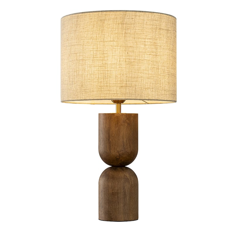 24'' Vintage Honey Brown Wood Bedside Table Lamp Classic Round Nightstand Lamp with Beige Fabric Shade for Bedroom - W14'' - W14'' - Beige/Honey Brown