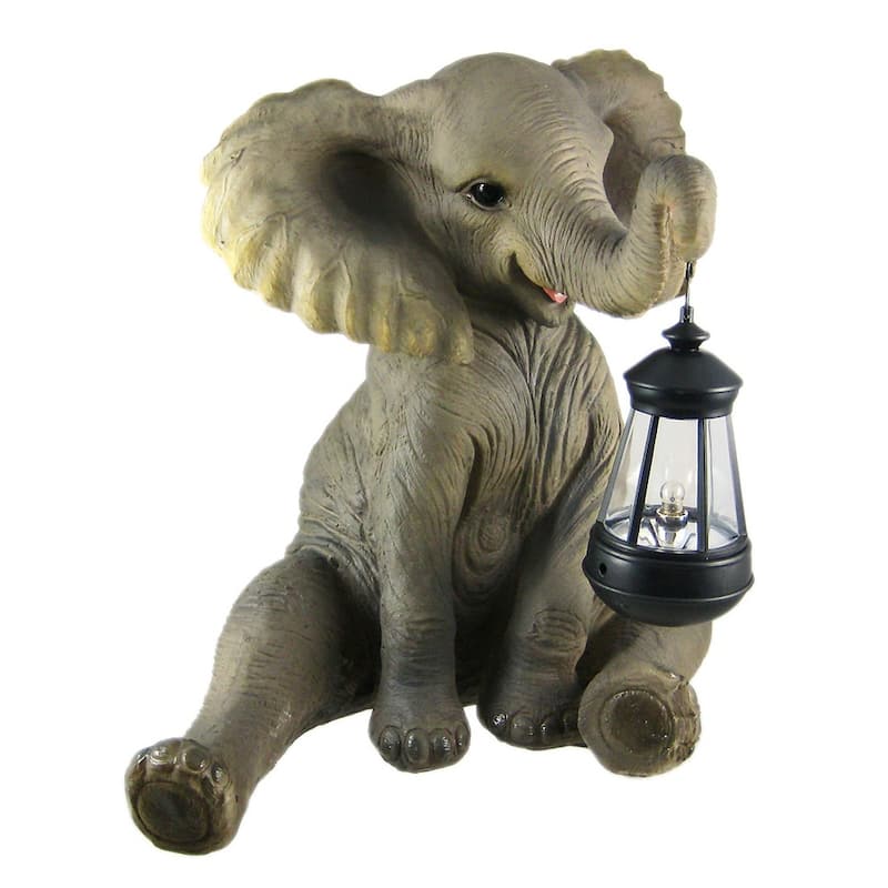 Cute African Elephant Porch / Garden Statue With Lantern - 13.5 X 14.5 X 10 inches