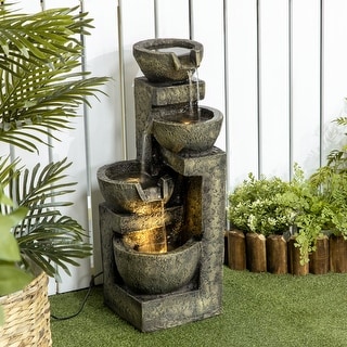 Outsunny Outdoor Fountain with 4-Tier Stacked Stone Look Bowls, Cascading Waterfall, Adjustable Flow & LED Lights