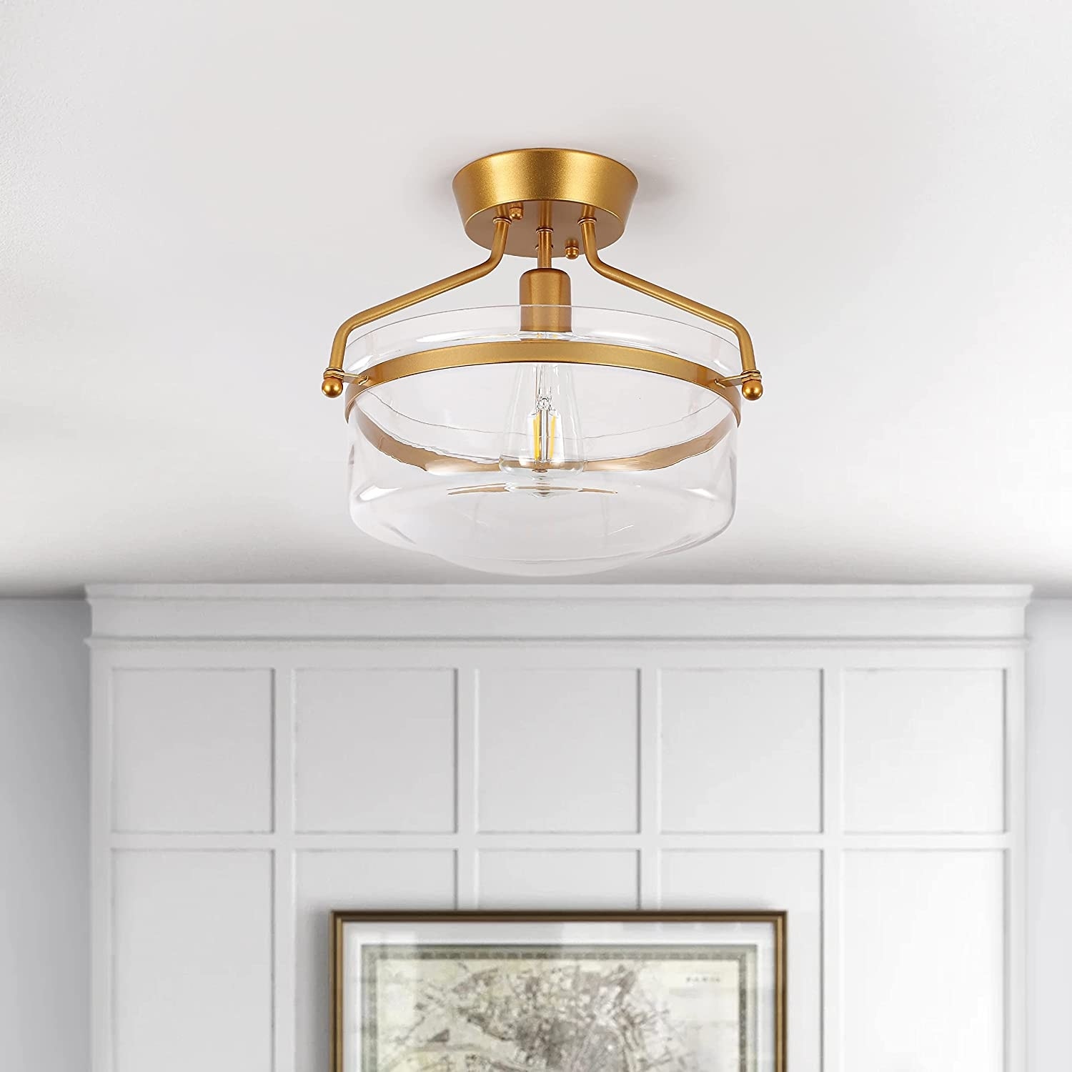 1-Light Dimmable Semi-Flush Mount with Clear Glass Shade for