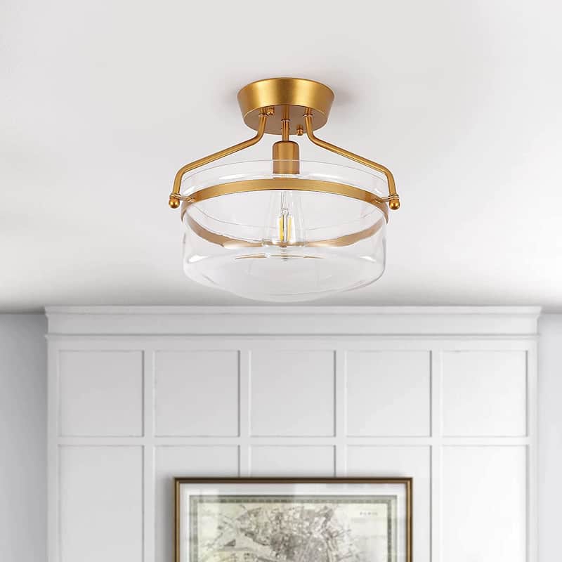 1-Light Dimmable Semi-Flush Mount with Clear Glass Shade for Bedroom Foyer - Gold