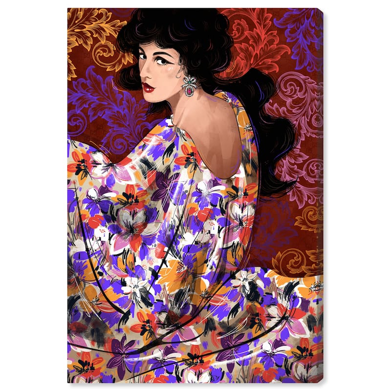 Wynwood Studio Fashion and Glam Elegant Floral Gown Purple and Maroon Modern & Contemporary Wall Art Canvas Print