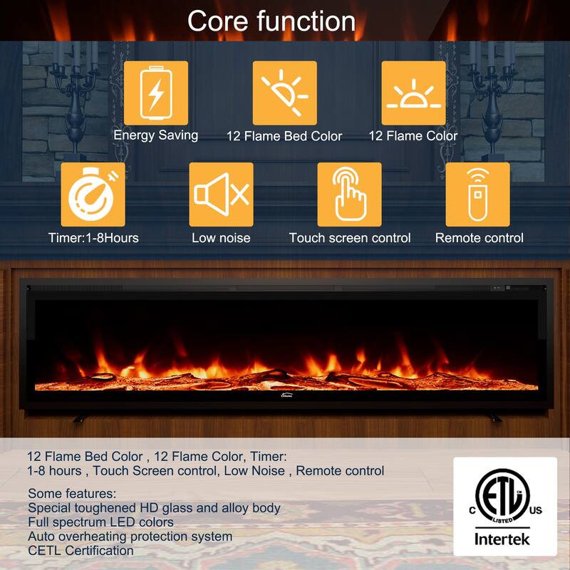 1500W Wall-Mounted &Recessed Electric Fireplace Heater with Remote Control