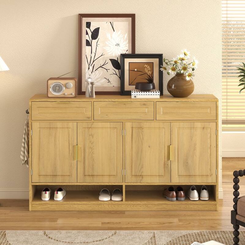 Farmhouse 59.1" Sideboard Cabinet with 3 Drawers and Open Shelf for Dining Room, Living Room, Entryway - Natural