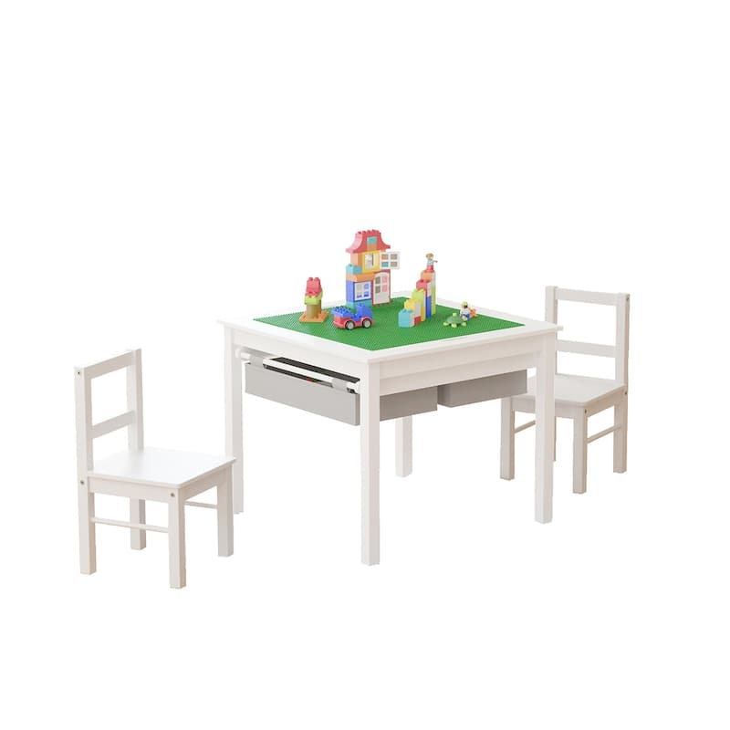 UTEX-2 in 1 Kids Activity Lego Table Set with Storage, Kids Table with 2 Chairs, White with Gray Drawer