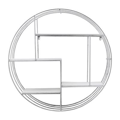 Round Wall Shelf Contemporary Industrial Farmhouse Wood and Metal White and Silver Circle Shelf for Home or Office
