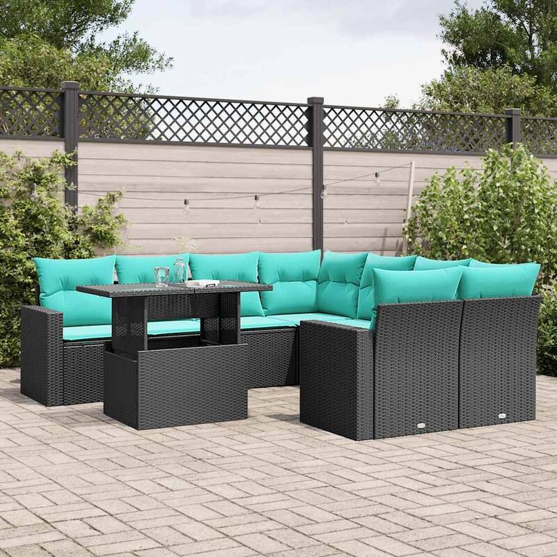 vidaXL Patio Sofa Set with Cushions and Table Outdoor 9 Piece Poly Rattan - 24.4 x 24.4 x 27.2 - Black without storage