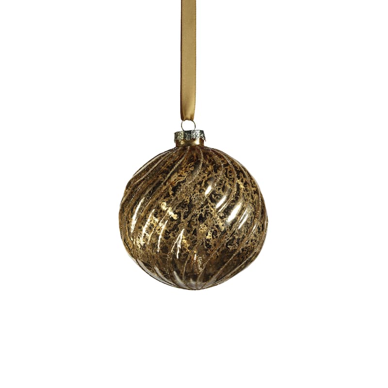 4" Swirl Antique Gold Glass Ball Ornaments with Glitter, Set of 6