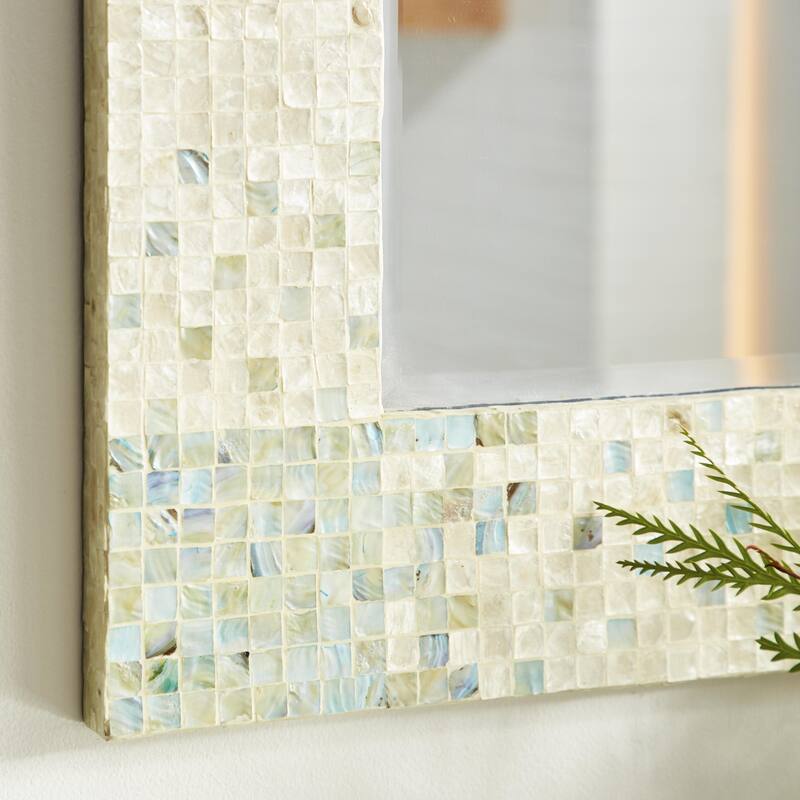 Cream Mother of Pearl Shell Handmade Mosaic Room Wall Mirror with Blue Corners