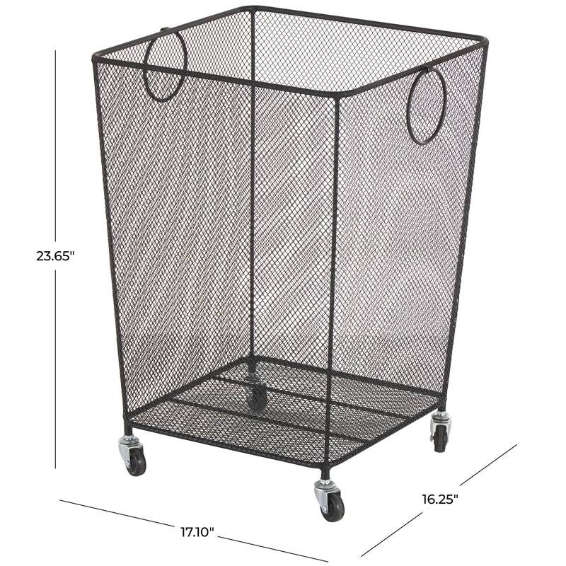 Metal Square Mesh Wire Rolling Laundry Storage Cart with Ring Handles - Black or Gold - Roche River Decor