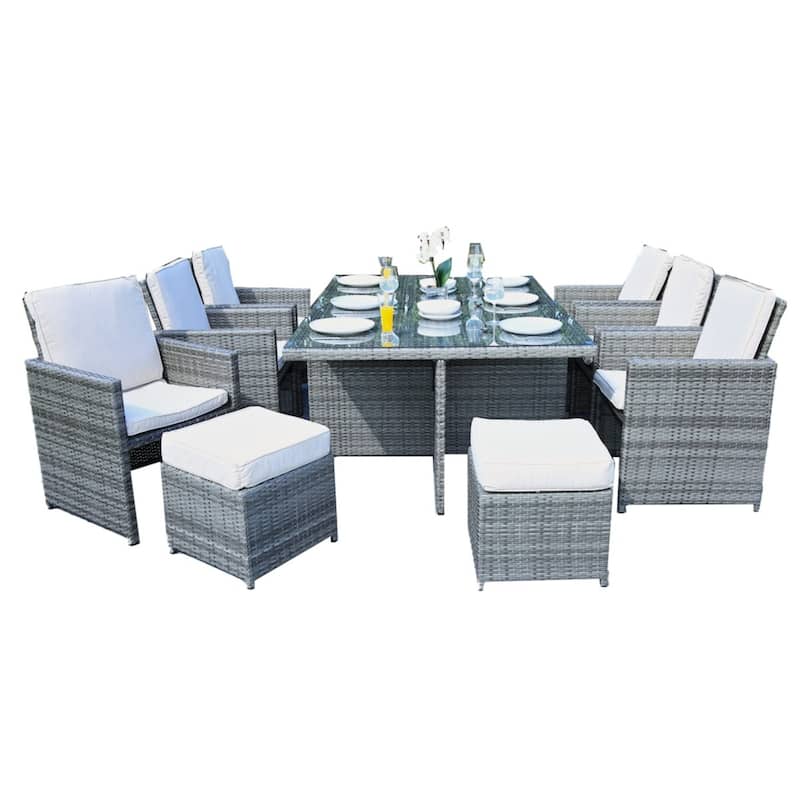 Abrihome 11-piece Patio Wicker Dining Set with Cushions and Ottoman