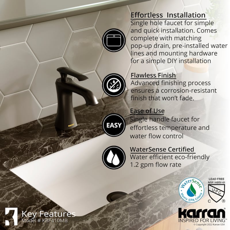 Karran Woodburn Single Hole Single Handle Bathroom Faucet with Matching Pop-Up Drain
