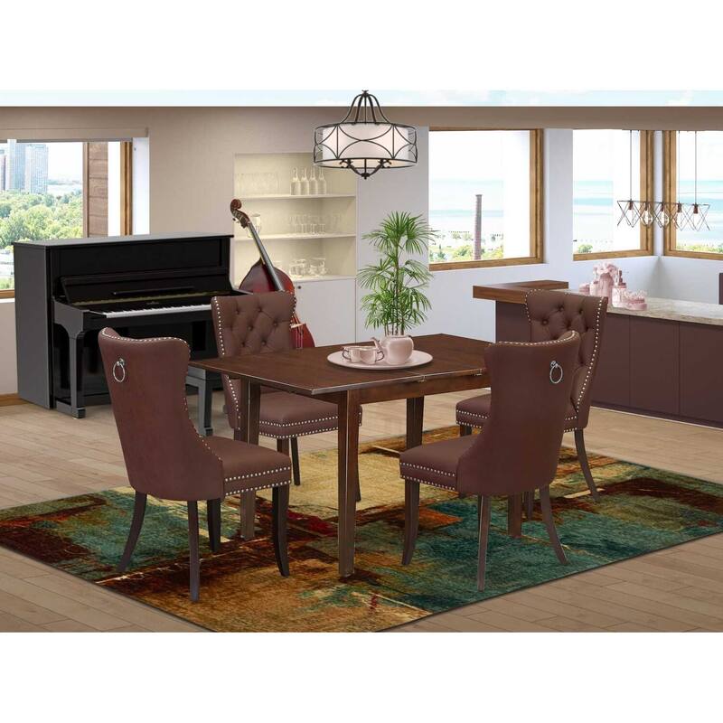 5-Piece Mahogany Finish Solid Wood Top - Rectangular Upholstered Dining Room Set - Seats 4