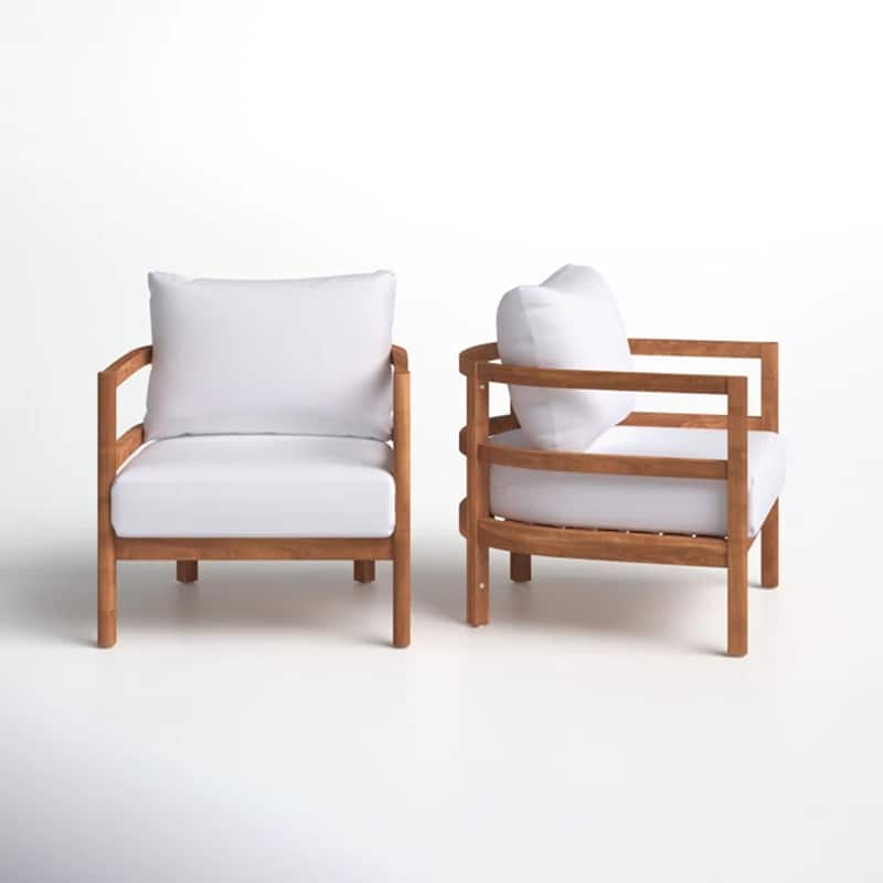 Roomfitters Outdoor Acacia Wood Patio Club Chair with Waterproof Cushions, Teak Finish, Deep Seating for Porch, Balcony, White