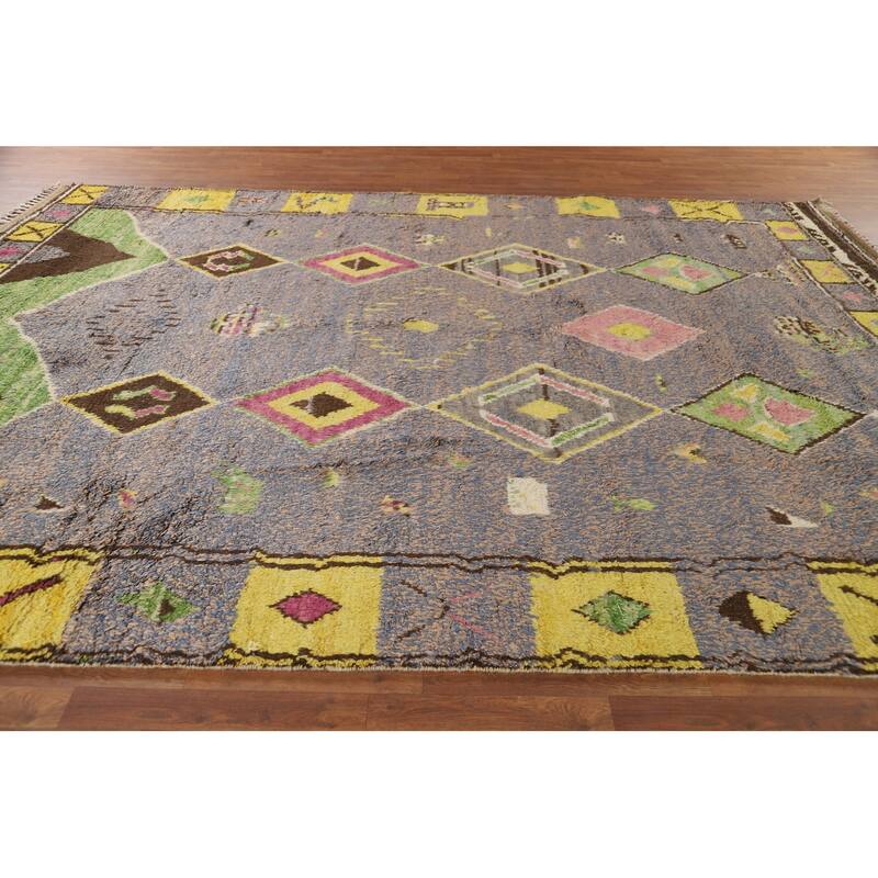 Gray Plush Geometric Moroccan Area Rug Hand-Knotted Wool Carpet - 9'0" x 12'7"