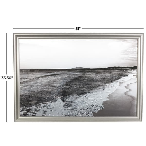 Silver Canvas Textured Ocean Landscape Living Room Framed Wall Art with Black and White Accents