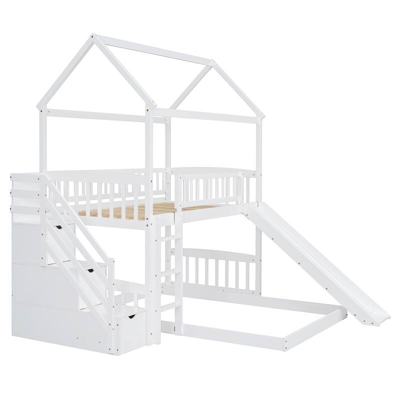 Twin Over Twin Bunk Bed with Slide and Storage Steps, Space-Saving Bed for Kids