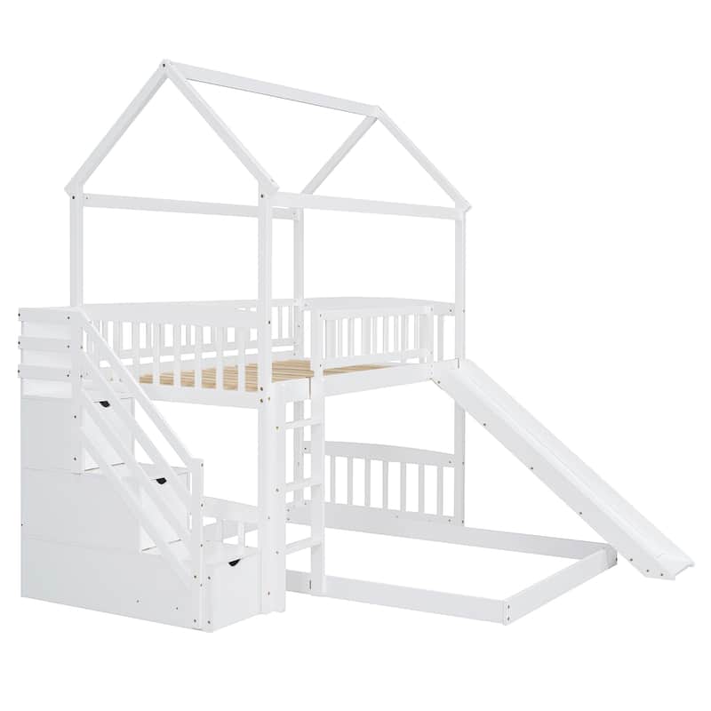 Twin over Twin Pine Wood Bunk Bed with Two Drawers and Slide