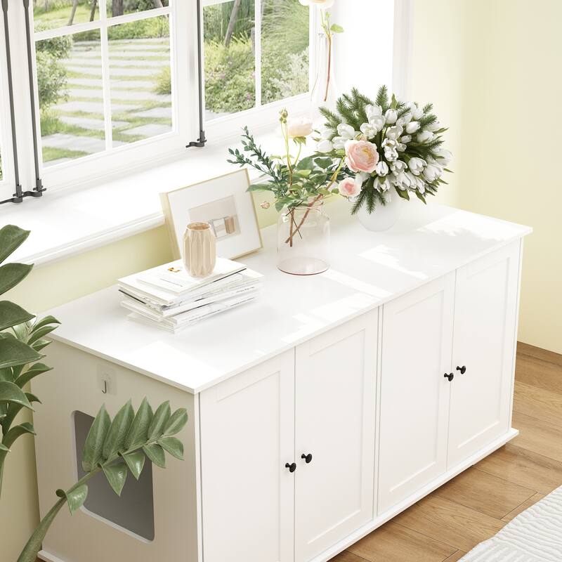 47.2"W Cat Litter Box Enclosure Dual-Door Hidden Furniture Black/White