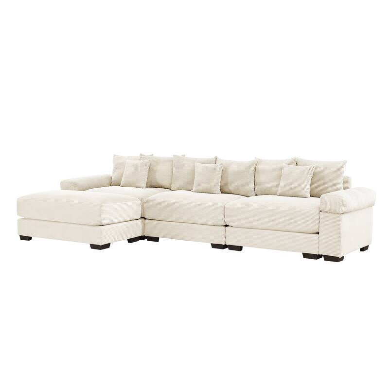 GDFStudio - Corduroy L-Shaped 3-Seater 130" Cloud Modular Sectional Couch with Ottoman