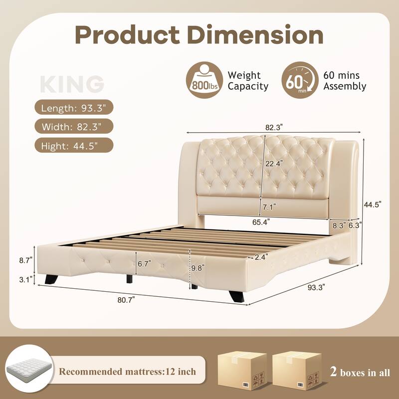 Christopher Knight Home - Modern Upholstered Platform Bed with Wood & Metal Frame - with 44.5" Tall Button-Tufted Headboard