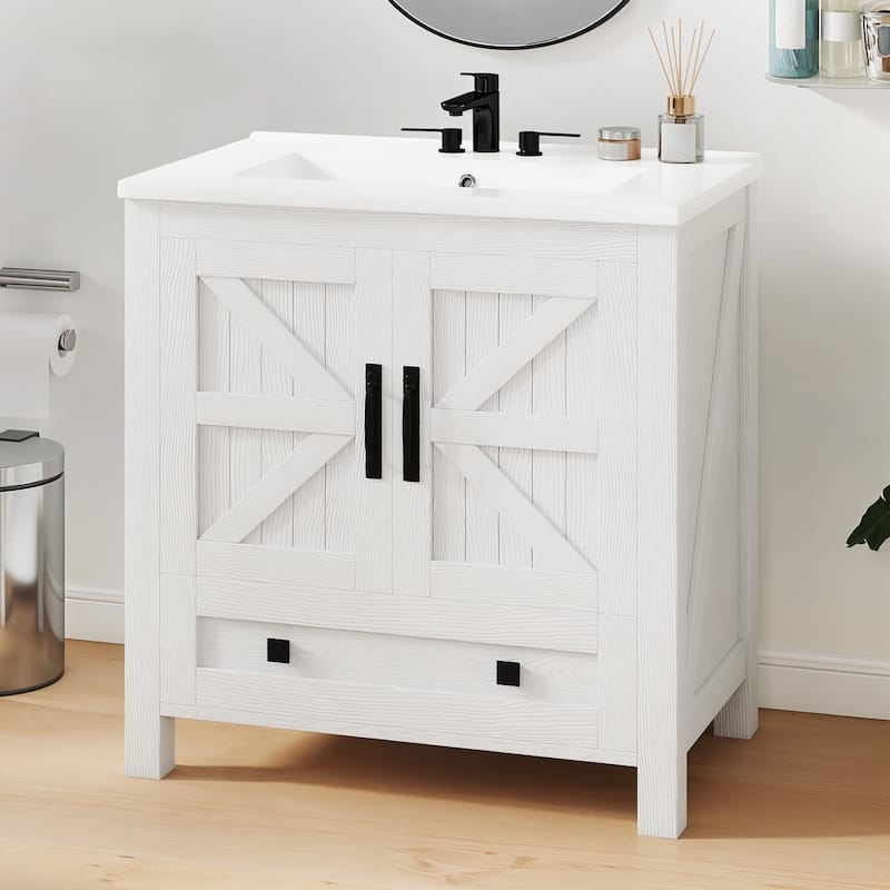 Moasis 30 Inch Farmhouse Bathroom Vanity with Sink and Barn Door Storage for Small Spaces - White