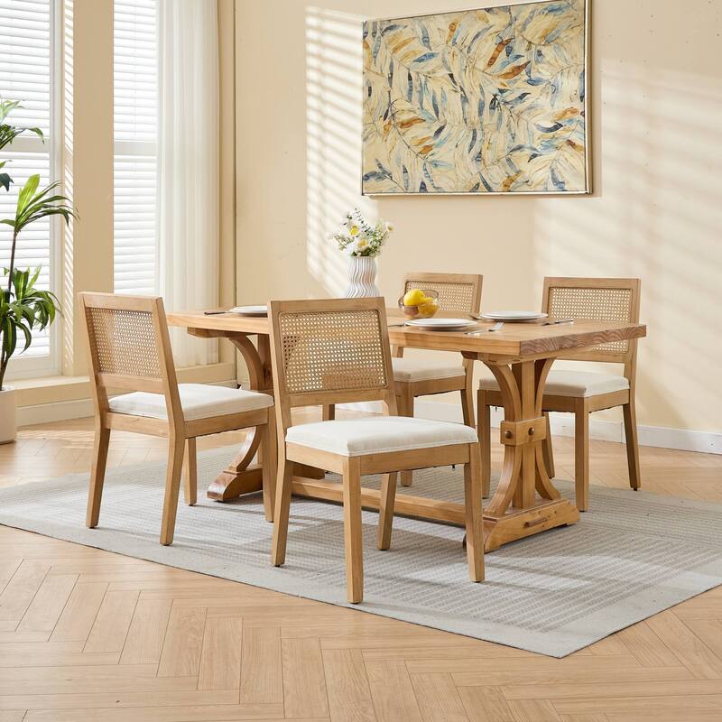 Rattan Dining Chairs Set of 2, Mid Century Modern Kitchen & Dining Room Chairs, Upholstered Side Chair with Hardwood Frame