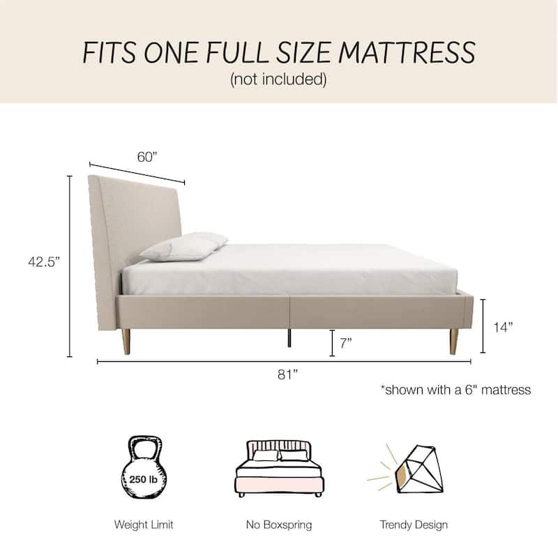 Off-White Ivory Cream Upholstered Platform Bed Frame with Headboard