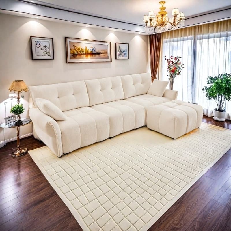 Modular 4-Seat Chenille Sofa Set with 2 Ottomans, High-Resilience Cushions and Solid Wood Frame - 3 Seater with Ottoman White