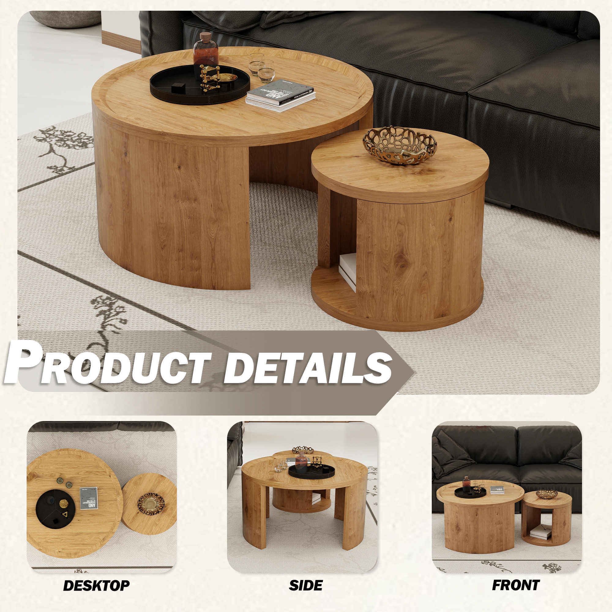 Round Nesting Coffee Table Set of 2, Natural wood color Coffee