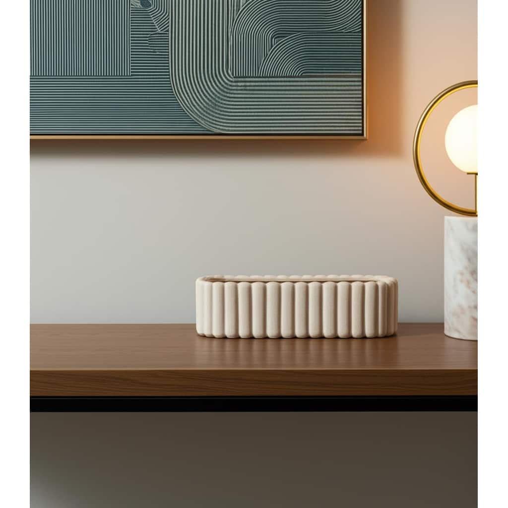 6" Beige Oval Ceramic Ribbed Texture Table Vase - 18.90