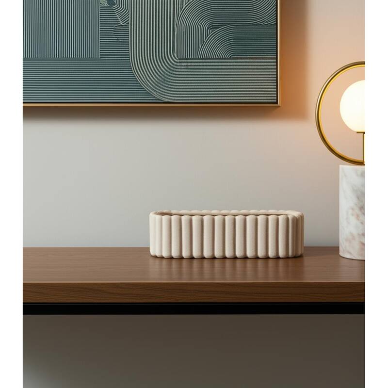 6" Beige Oval Ceramic Ribbed Texture Table Vase - 18.90 - Beige - 18.90