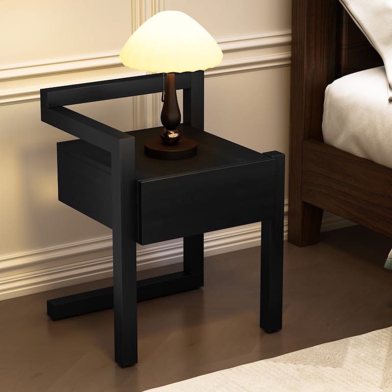 Modern End Table Set of 2, Square 2-Tier Nightstand with Storage Drawer, Side Table with Wood Legs for Living Room, Bedroom