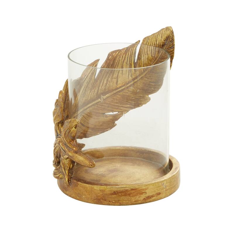 Gold Glass Feather Pillar Bird Hurricane Lamp - 5 x 5 x 8