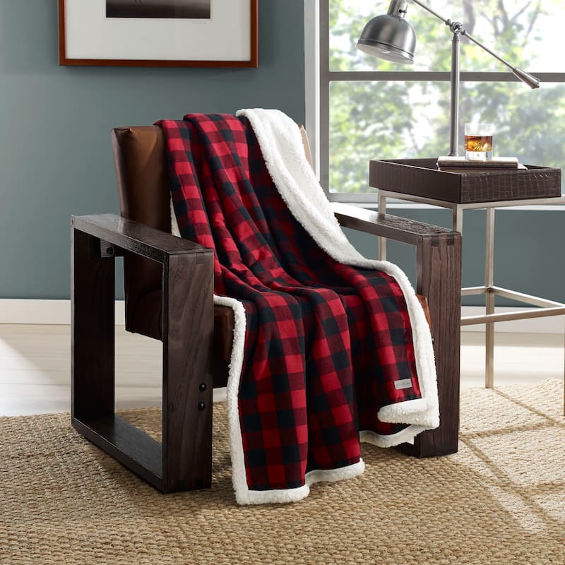 Eddie Bauer Cabin Plaid Red Sherpa Throw and Pillow Set