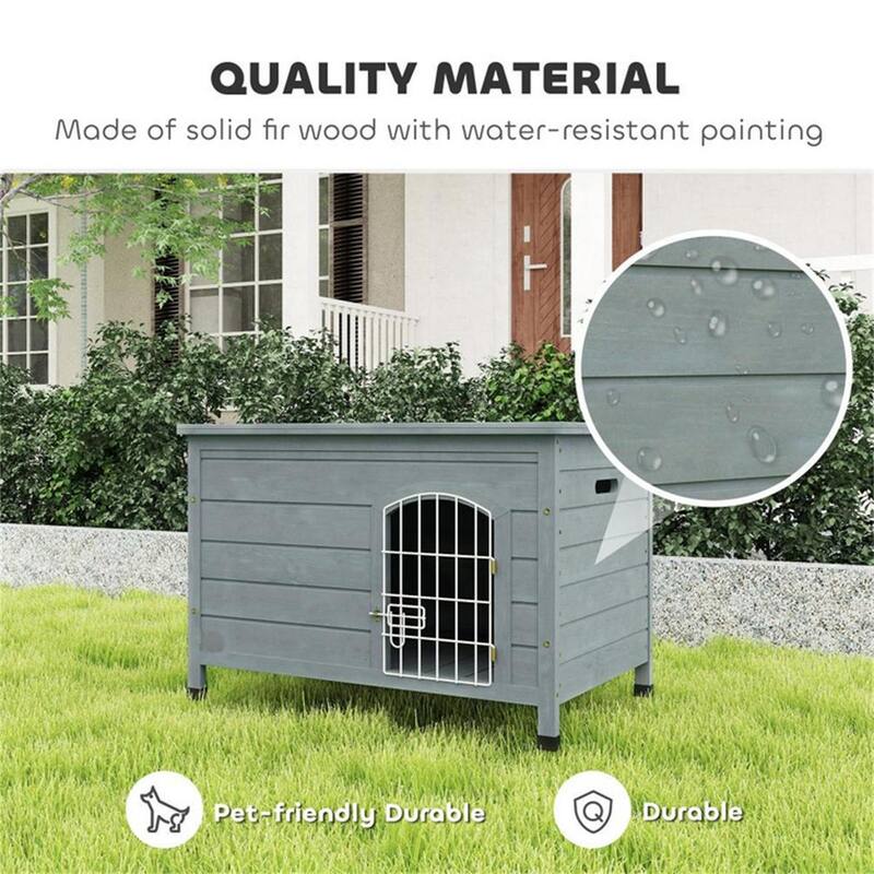 Dark Gray Fir Wood Dog Kennel House with Wire Lock Door Removable Bottom Panel