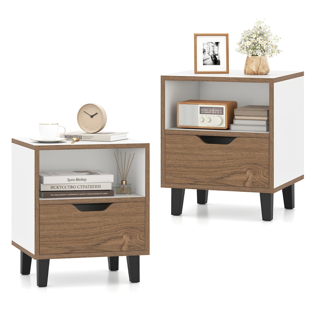 Gymax 2PCS Nightstand Mid Century Modern Bedside Table w/ Drawer Open