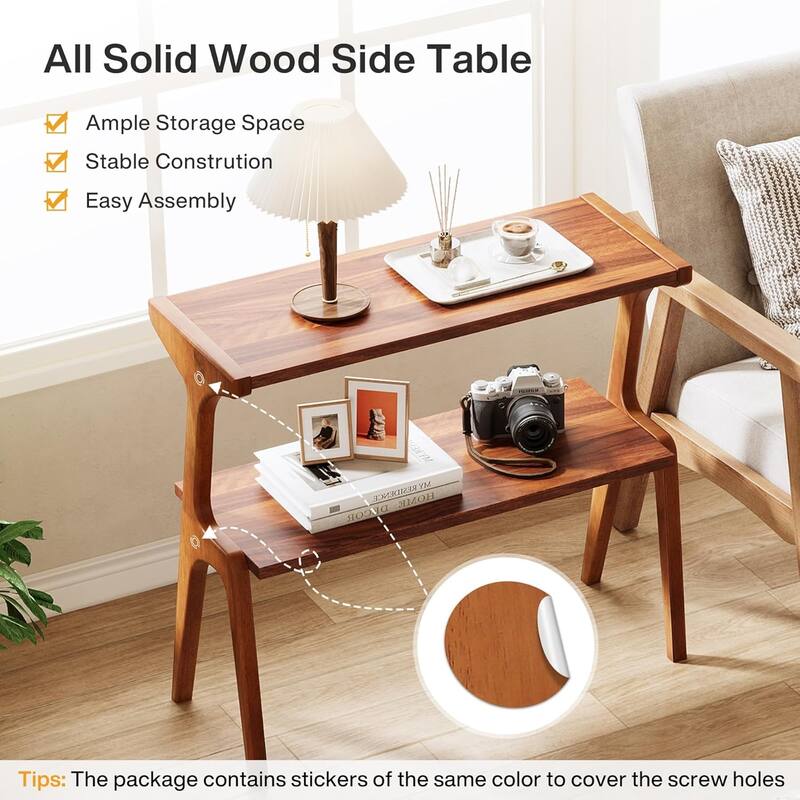 Modern 27.56" Solid Wood End Table - Narrow Side Table with 2-Tier Storage Shelf, Stylish Nightstand & Couch Side Table