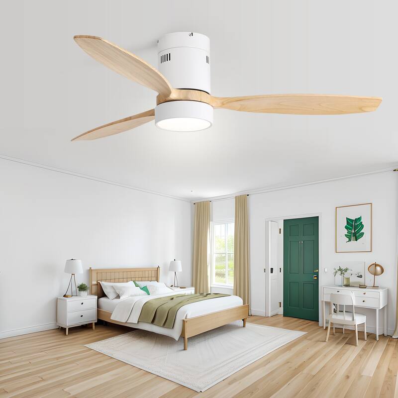 52 Inch Flush Mount Wood Blades White Ceiling Fan Reverse Airflow,6 Wind Speed,Remote Control
